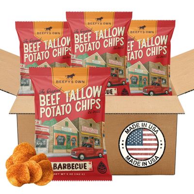 Beefys Own Beef Tallow Potato Chips - Kettle Chips Made Without Seed Oils, Gluten Free, Crispy, and Thick Cut - Old-Fashioned Small Batch Fried in Beef Tallow, Barbeque (5 Oz, Pack of 4)