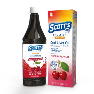 SCOTT'S EMULSION Cod Liver Oil Liquid for Kids Cherry Flavor Supports Growth, Immunity & Bone Health Rich in Omega 3 & Vitamins A+D Easy-to-Take Fish Oil 6.5 Fl Oz