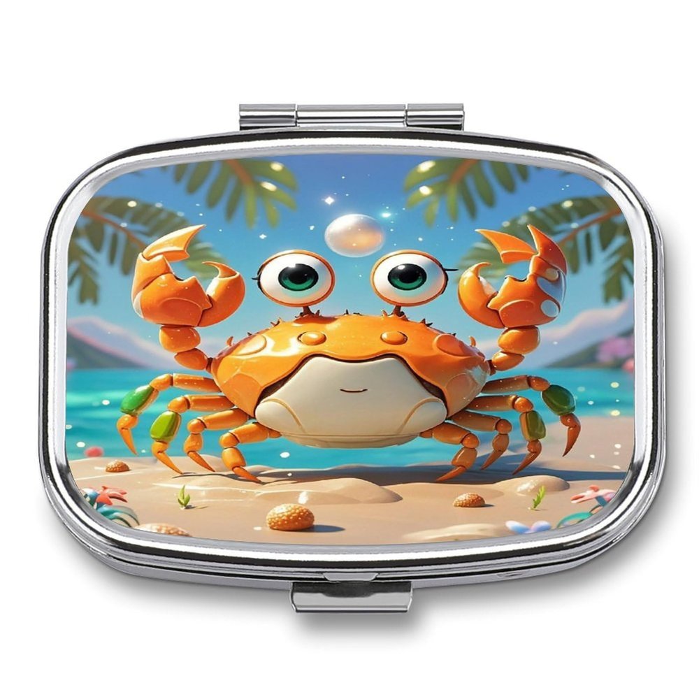 Summer Cartoon CrabMetal Pill Box 3-Compartment Portable Medication Boxs Compact Pill Case for Travel Vitamins Pill Organizer Daily Medication Storage Box