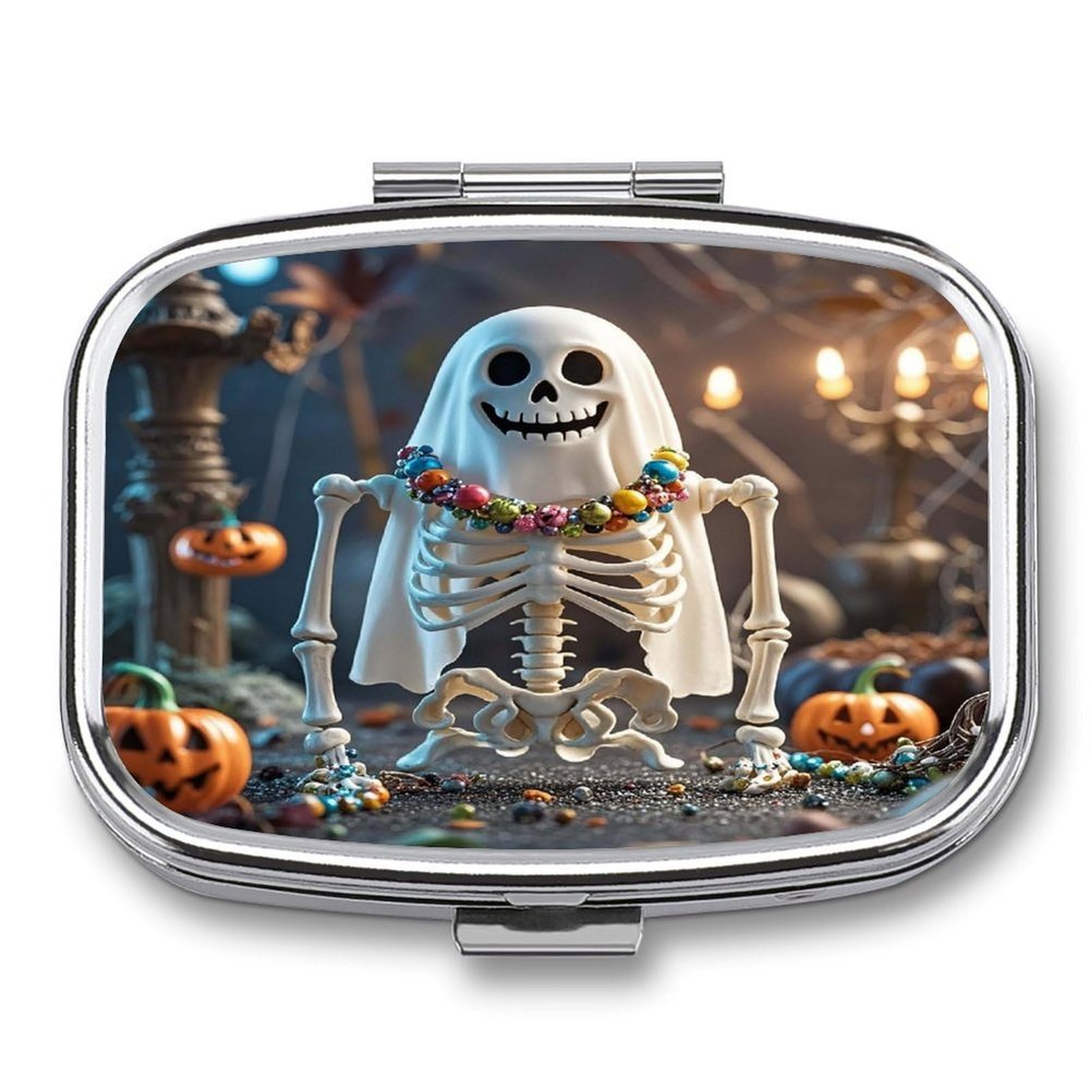 Skeleton PartyMetal Pill Box 3-Compartment Portable Medication Boxs Compact Pill Case for Travel Vitamins Pill Organizer Daily Medication Storage Box