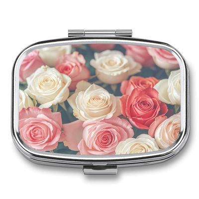 Soft Color RosesMetal Pill Box 3-Compartment Portable Medication Boxs Compact Pill Case for Travel Vitamins Pill Organizer Daily Medication Storage Box
