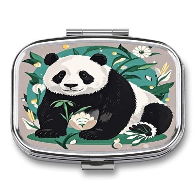 Panda Graphic Black and WhiteMetal Pill Box 3-Compartment Portable Medication Boxs Compact Pill Case for Travel Vitamins Pill Organizer Daily Medication Storage Box