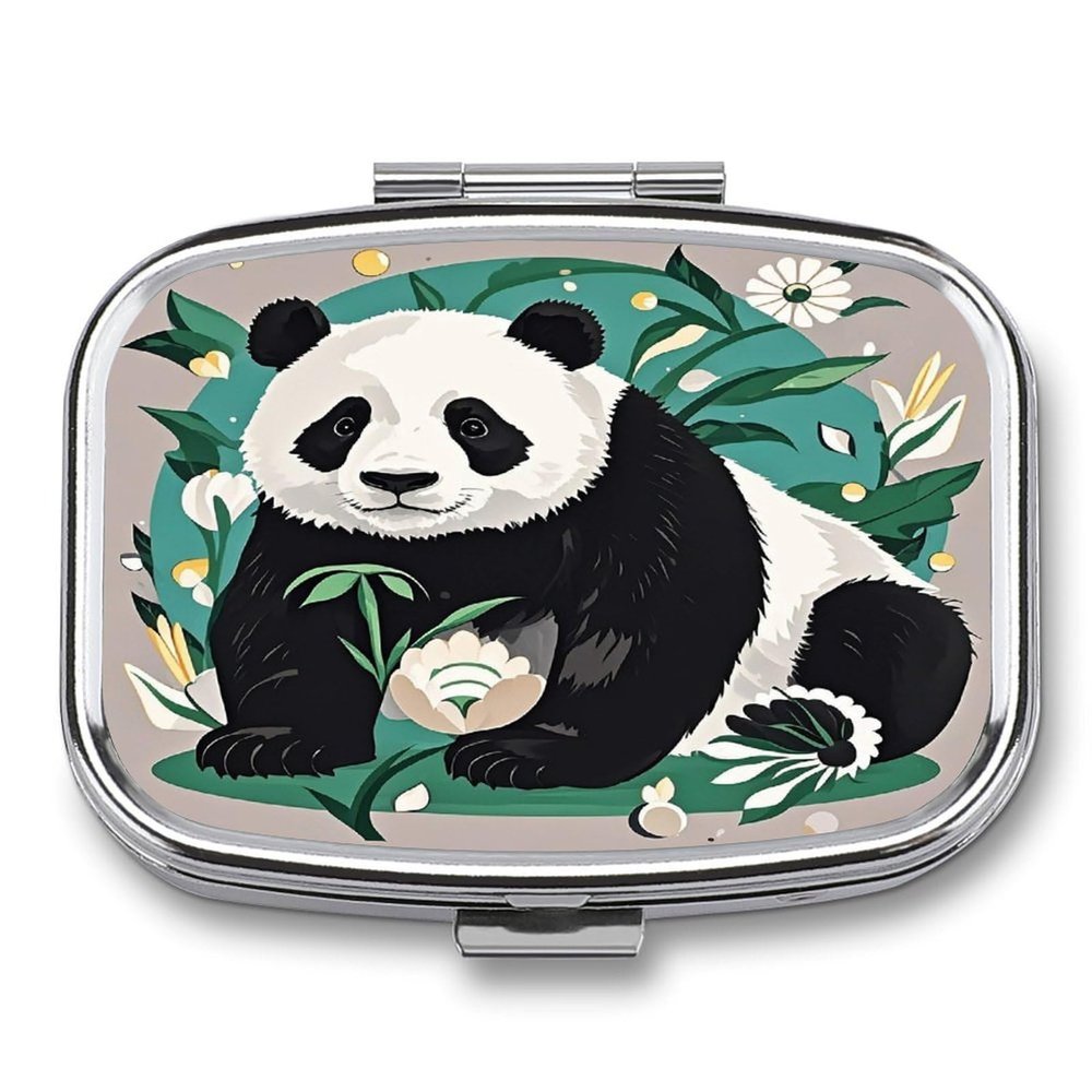 Panda Graphic Black and WhiteMetal Pill Box 3-Compartment Portable Medication Boxs Compact Pill Case for Travel Vitamins Pill Organizer Daily Medication Storage Box