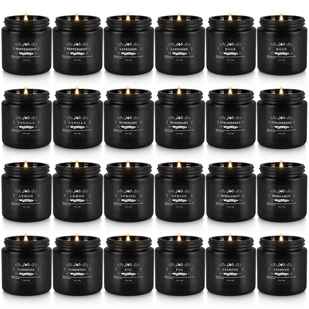 Scented Candle Set 24 Pack,Black, Candle for Home Scented, Odor Eliminating, Stress Relief, Long Lasting Soy Wax Gift Set