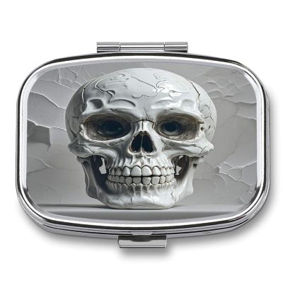 White and Gray Skull GraphicsMetal Pill Box 3-Compartment Portable Medication Boxs Compact Pill Case for Travel Vitamins Pill Organizer Daily Medication Storage Box