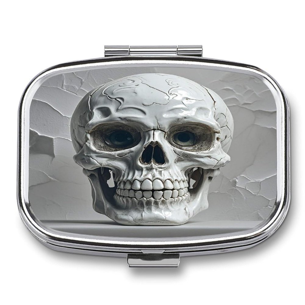 White and Gray Skull GraphicsMetal Pill Box 3-Compartment Portable Medication Boxs Compact Pill Case for Travel Vitamins Pill Organizer Daily Medication Storage Box
