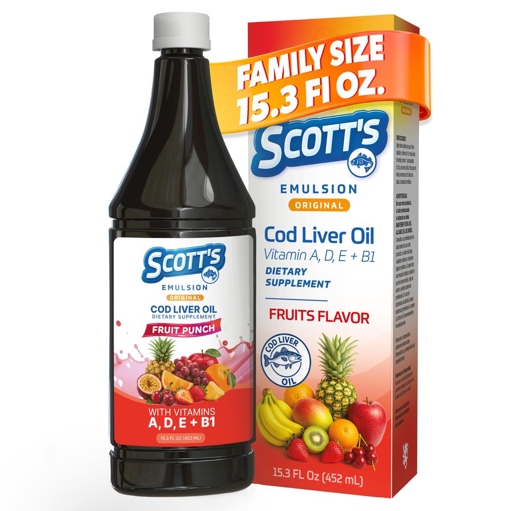 SCOTT'S EMULSION Cod Liver Oil Liquid Fruits Flavor Family Size Supports Growth, Immunity & Bone Health Rich in Omega 3 & Vitamins A+D Easy-to-Take Fish Oil for Kids & Adults 15.3 Fl Oz