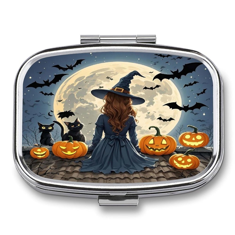 Roof Black Cat PumpkinMetal Pill Box 3-Compartment Portable Medication Boxs Compact Pill Case for Travel Vitamins Pill Organizer Daily Medication Storage Box