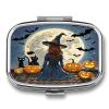 Roof Black Cat PumpkinMetal Pill Box 3-Compartment Portable Medication Boxs Compact Pill Case for Travel Vitamins Pill Organizer Daily Medication Storage Box view 1