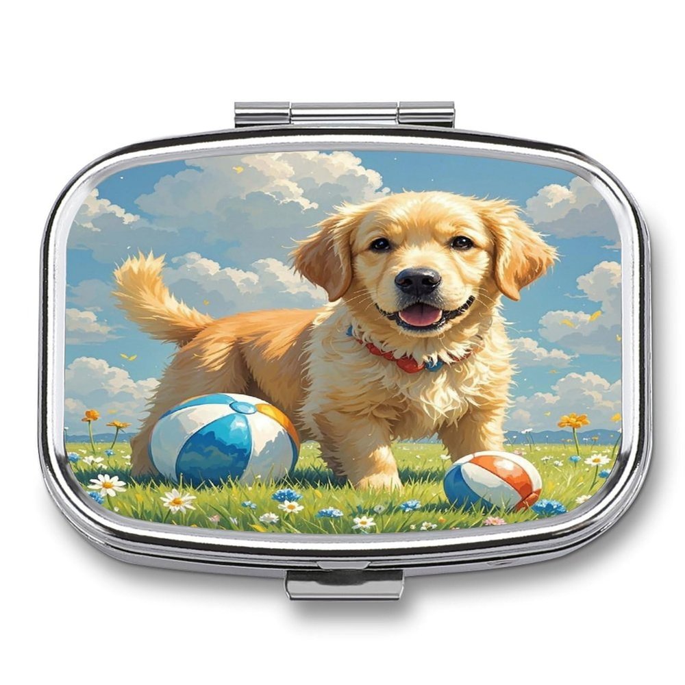 Dogs PlayingMetal Pill Box 3-Compartment Portable Medication Boxs Compact Pill Case for Travel Vitamins Pill Organizer Daily Medication Storage Box