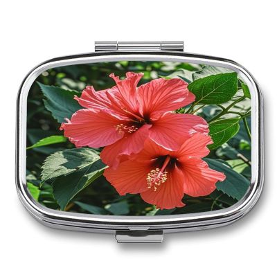 Red HibiscusMetal Pill Box 3-Compartment Portable Medication Boxs Compact Pill Case for Travel Vitamins Pill Organizer Daily Medication Storage Box