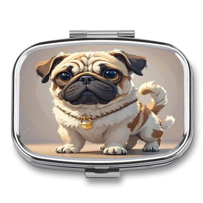 Cartoon PugMetal Pill Box 3-Compartment Portable Medication Boxs Compact Pill Case for Travel Vitamins Pill Organizer Daily Medication Storage Box
