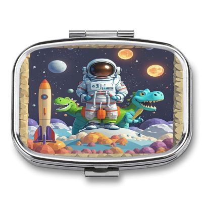 Funny Astronaut Dinosaur RocketMetal Pill Box 3-Compartment Portable Medication Boxs Compact Pill Case for Travel Vitamins Pill Organizer Daily Medication Storage Box