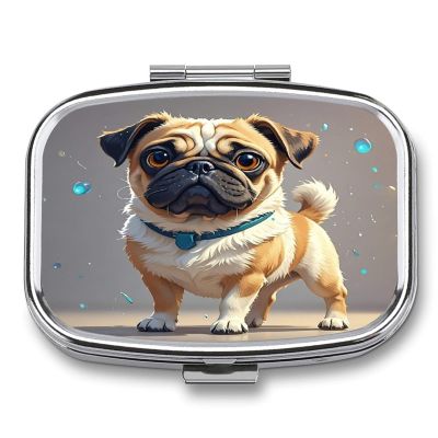 Pug CartoonMetal Pill Box 3-Compartment Portable Medication Boxs Compact Pill Case for Travel Vitamins Pill Organizer Daily Medication Storage Box