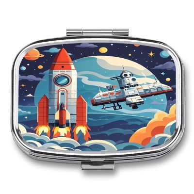 Rocket Clipart Space ShipMetal Pill Box 3-Compartment Portable Medication Boxs Compact Pill Case for Travel Vitamins Pill Organizer Daily Medication Storage Box