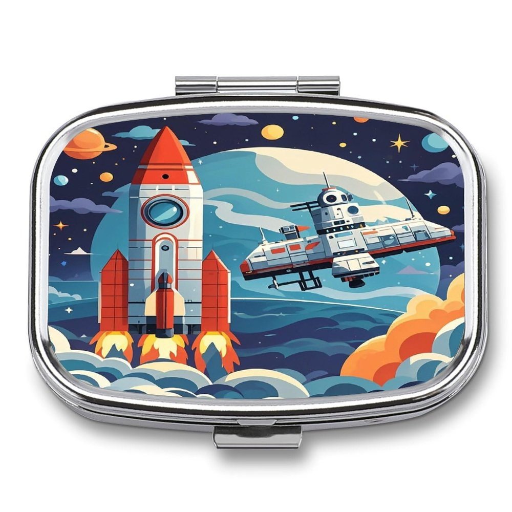 Rocket Clipart Space ShipMetal Pill Box 3-Compartment Portable Medication Boxs Compact Pill Case for Travel Vitamins Pill Organizer Daily Medication Storage Box