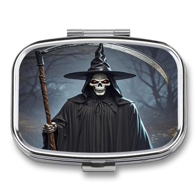 Death ScytheMetal Pill Box 3-Compartment Portable Medication Boxs Compact Pill Case for Travel Vitamins Pill Organizer Daily Medication Storage Box