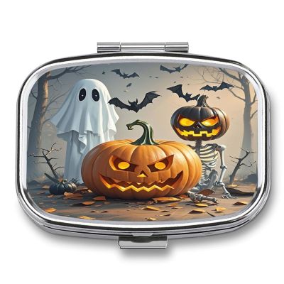 Cute Ghost Pumpkin LanternMetal Pill Box 3-Compartment Portable Medication Boxs Compact Pill Case for Travel Vitamins Pill Organizer Daily Medication Storage Box