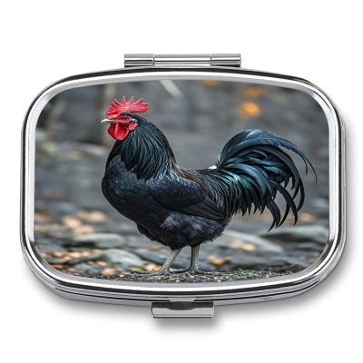 Black RoosterMetal Pill Box 3-Compartment Portable Medication Boxs Compact Pill Case for Travel Vitamins Pill Organizer Daily Medication Storage Box