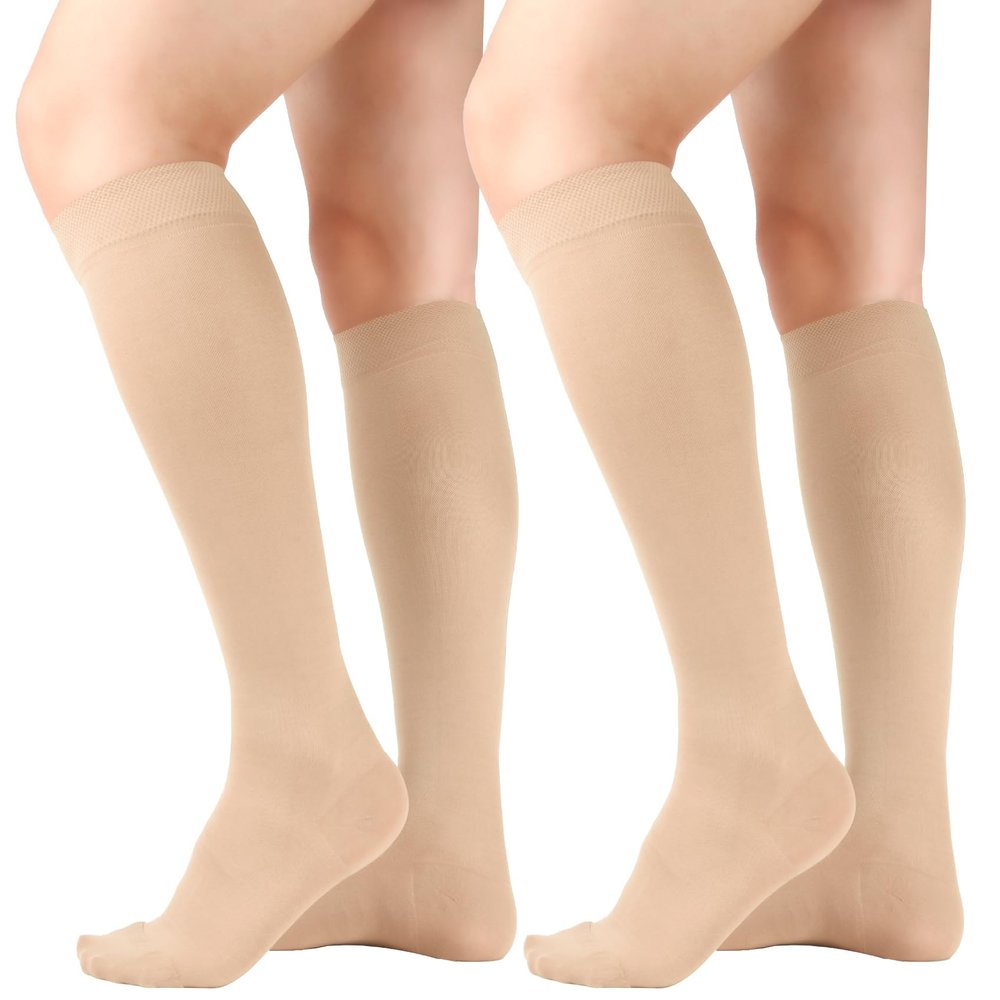 +MD 2 Pairs 15-20 mmHg Medical Compression Socks for Men/Women, Lightweight Opaque Knee High Support StockingsBeige,S