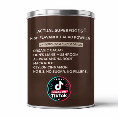 Actual Superfoods High Flavanol Cacao Powder Blend - Flavanols & Flavanoids - Organic Coffee Alternative with Lions Mane, Ashwagandha, Maca & Ceylon Cinnamon - 7.4 ounces - Morning Focus & Energy Ritual
