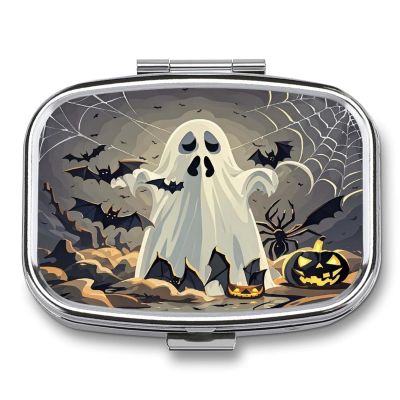 Ghost Bat PatternMetal Pill Box 3-Compartment Portable Medication Boxs Compact Pill Case for Travel Vitamins Pill Organizer Daily Medication Storage Box