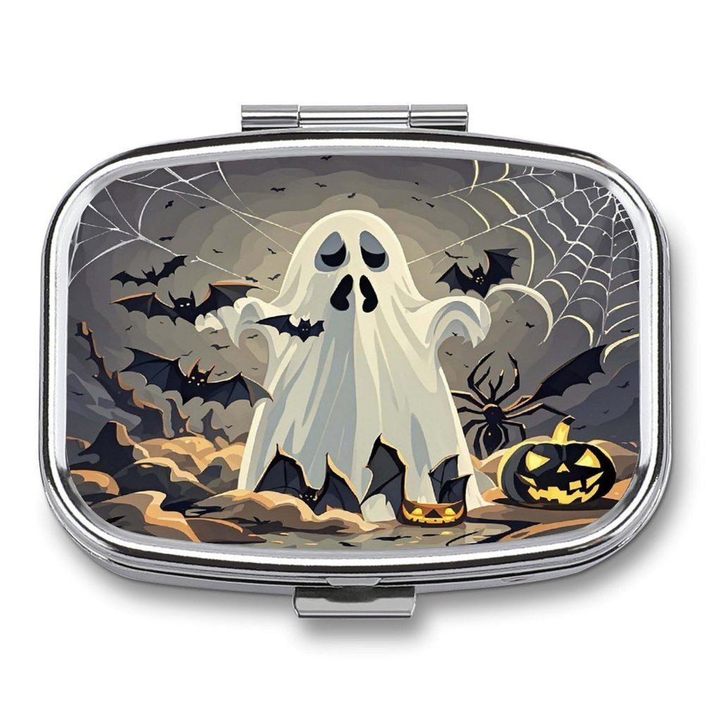 Ghost Bat PatternMetal Pill Box 3-Compartment Portable Medication Boxs Compact Pill Case for Travel Vitamins Pill Organizer Daily Medication Storage Box
