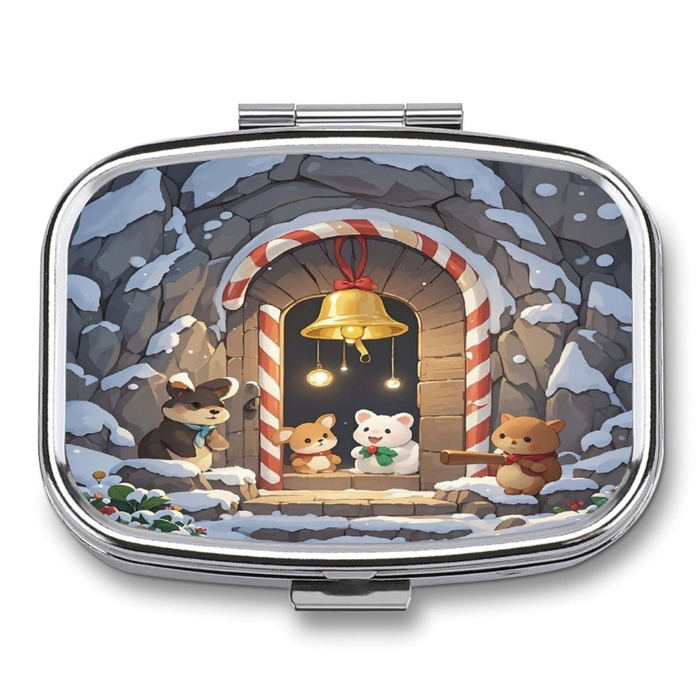 Christmas CaveMetal Pill Box 3-Compartment Portable Medication Boxs Compact Pill Case for Travel Vitamins Pill Organizer Daily Medication Storage Box