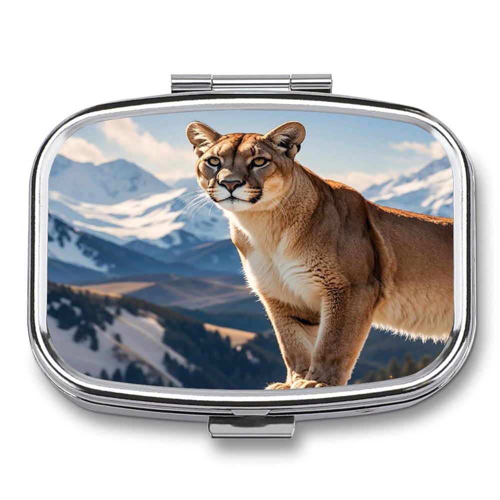 Panther & Mountain LionMetal Pill Box 3-Compartment Portable Medication Boxs Compact Pill Case for Travel Vitamins Pill Organizer Daily Medication Storage Box