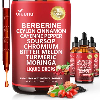 14-in-1 Berberine with Ceylon Cinnamon Supplement Liquid Drops, 1800mg + 30:1 Liposomal Tech with Cayenne Pepper Soursop Chromium Bitter Melon Turmeric Moringa Gymnema Glucomannan, GLP Support 3Bottle