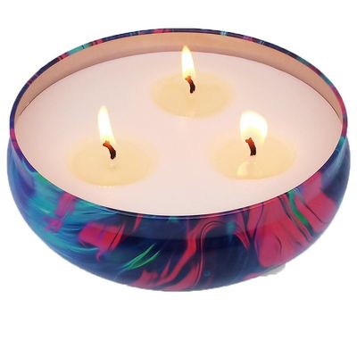 Lemongrass Citronella Candle, Large 3-Wick Outdoor Aromatherapy Tin, Soy Wax with Plant Essential Oils, Smokeless Oil Painting Design