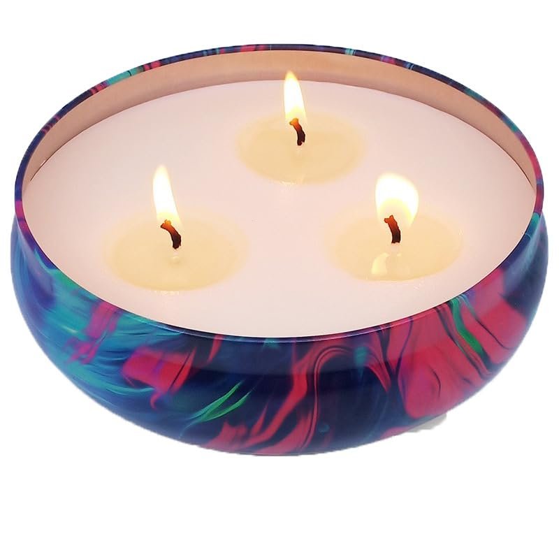 Lemongrass Citronella Candle, Large 3-Wick Outdoor Aromatherapy Tin, Soy Wax with Plant Essential Oils, Smokeless Oil Painting Design