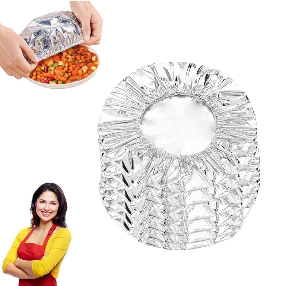 Reusable Aluminum Foil Food Covers, Pop-Up Tin Foil Food Insulation Cover, Fresh-Keeping Insulation Film for Kitchen, Adjustable Universal Fit, High Temperature Resistant, Easy to Clean (50Pcs)