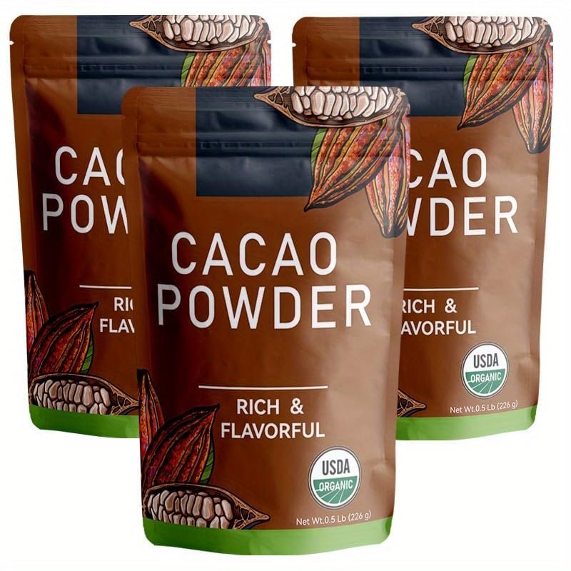 226g/3pack, Ultra-Fine Organic Cacao Powder 1lb - Rich Dark Chocolate Taste for Baking & Drinks, Non-Alkalized, Unprocessed, Non-GMO, Gluten-Free, Ideal for Healthy Recipes