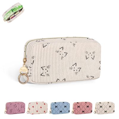 Playexen Corduroy Tampon Holder for Purse, Cute Period Bag with Ring Buckle, Portable Tampon Bag Organizer Case for Feminine Products (Cats-Beige)