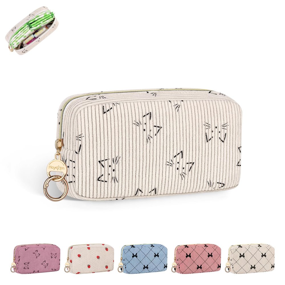 Playexen Corduroy Tampon Holder for Purse, Cute Period Bag with Ring Buckle, Portable Tampon Bag Organizer Case for Feminine Products (Cats-Beige)