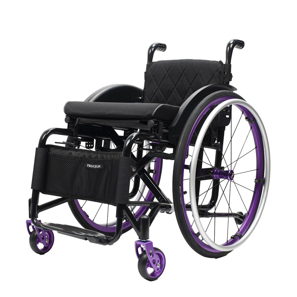 TRGCJGH Portable Folding Sports Wheelchairs, Lightweight Aluminum Alloy Transport Wheelchair with Handbrakes and Quick Release Rear Wheels(Purple,16.5in Seat Width)