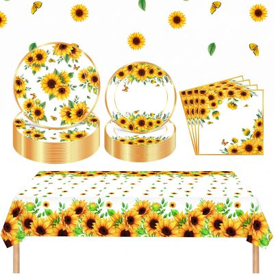 Zhehao 101 Pcs Sunflower Party Tableware Set Yellow Floral Party Supplies Includes 50 Paper Plates, 50 Napkins and 1 Tablecloth for Birthday Wedding Bridal Shower Baby Shower Decorations