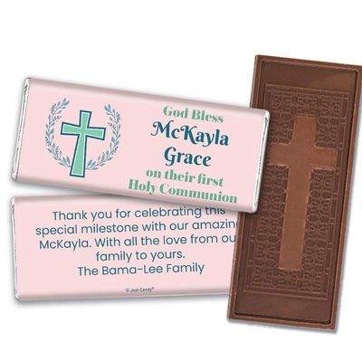 12 Pack Personalized First Communion Cross Embossed Milk Chocolate Candy Bar Favors For Keepsakes, Party Favors, Church Giveaways, Guest Gifts & More - Cross & Laurel
