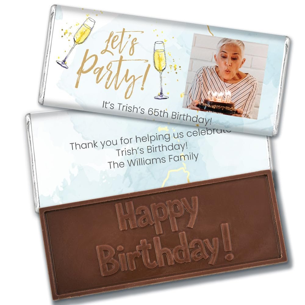 252 Pack Personalized Happy Birthday Embossed Milk Chocolate Candy Bar Party Favors For Guest Gifts, Candy Buffets, Treat Bags, Elegant Keepsakes & More - Let?s Party (Blue)