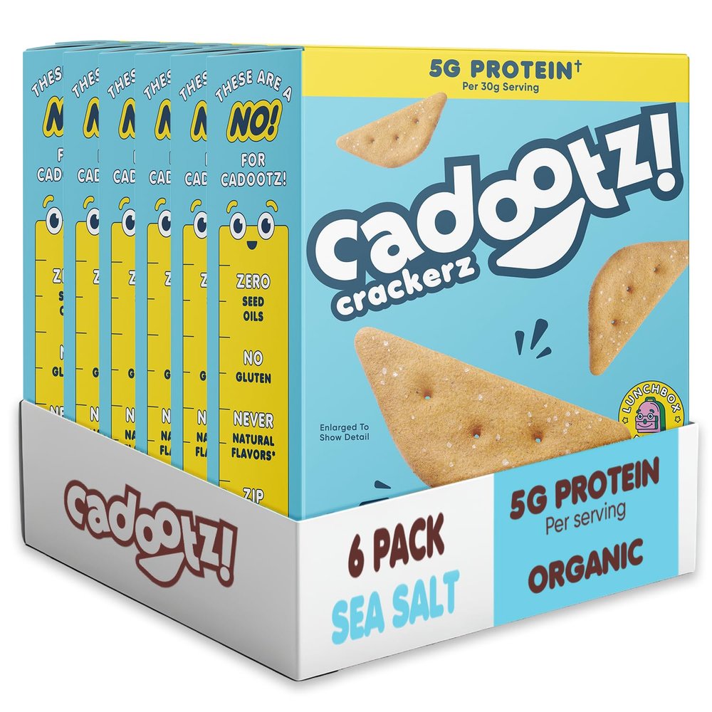 cadootz! Organic Kids Protein Crackers - 5g Protein Snack, Gluten Free, No Seed Oils, No Artificial Dyes - Healthy School Lunch Snack for Kids - 6 Pack (Sea Salt - 6 Pack)