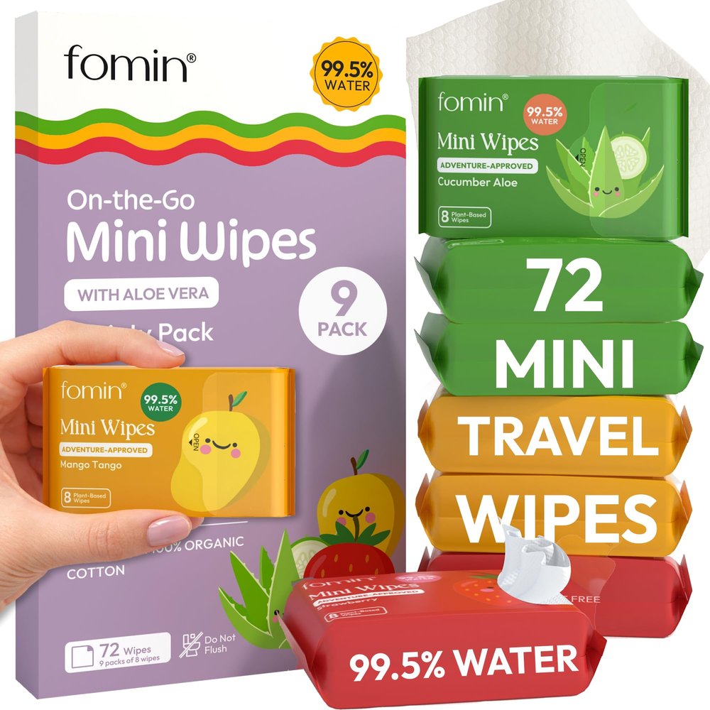 Fomin On-the-Go Mini Water Wipes - Variety Pack - 72 Count - 99.5% Purified Water - Travel Size Pack for Adults & Kids - Plant-Based, Biodegradable Small Wet Wipes Pack for Bags,Purses and Pockets