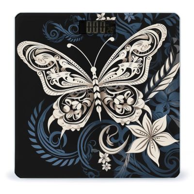 White Butterflies and Tribal Bathroom Scale for Body Weight with High Precision Large LCD Backlight Display Digital Weighing Scale with BMI Capacity Up to 180kg