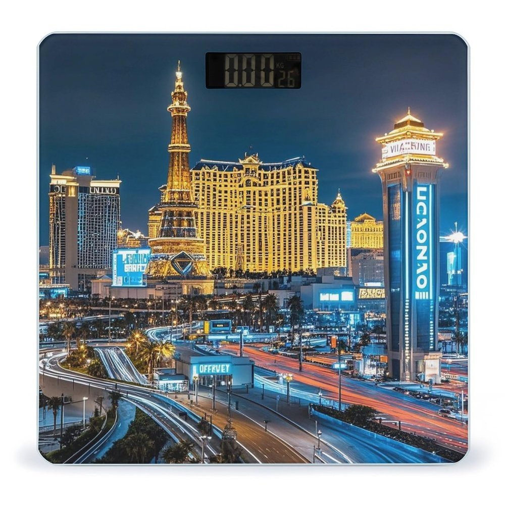 Las Vegas Night View Bathroom Scale for Body Weight with High Precision Large LCD Backlight Display Digital Weighing Scale with BMI Capacity Up to 180kg