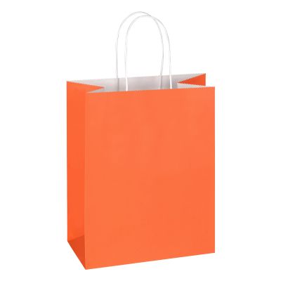Mlyta 100 Pack 8x4.75x10 Inch Medium Orange Kraft Paper Gift Bags with Handles Bulk for Goodie, Party Favor, Brithday Grocery Shopping, Small Business Wedding Retail Craft Treat, Merchandise Sacks