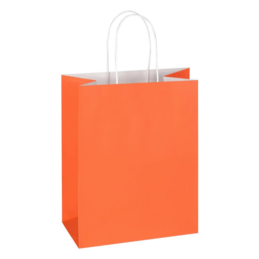 Mlyta 100 Pack 8x4.75x10 Inch Medium Orange Kraft Paper Gift Bags with Handles Bulk for Goodie, Party Favor, Brithday Grocery Shopping, Small Business Wedding Retail Craft Treat, Merchandise Sacks
