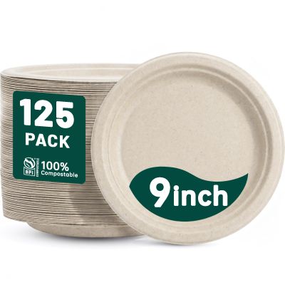DaYammi 100% Compostable Paper Plates 9 Inch, 125-Pack Heavy Duty Natural Paper Plates Bulk,Biodegradable Bagasse, Eco-Friendly Disposable Dessert Plate for BBQ, Picnic(BPI Certified,Microwaveable)