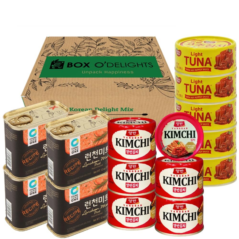 Box O'Delights Korean Delight Mix Canned Food Combo - Kimchi, Spicy Tuna, Luncheon Meat, Pack of 15