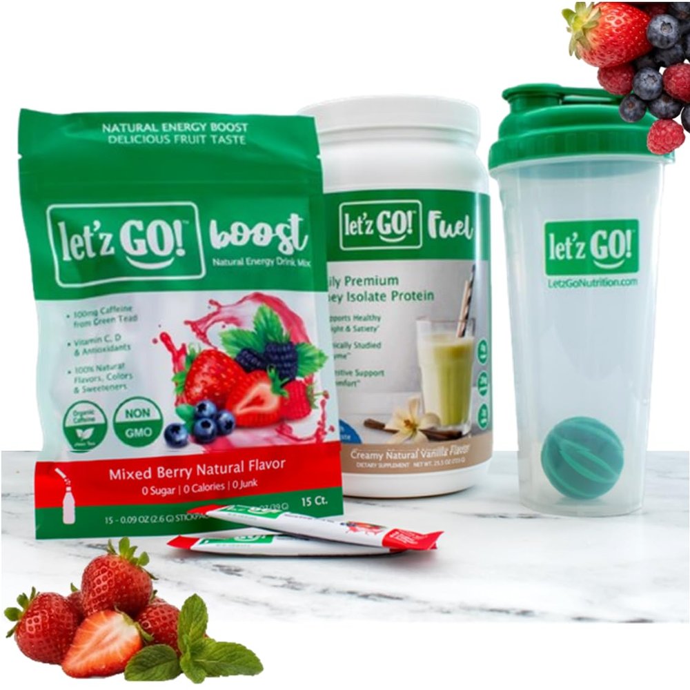 Letz Go Mixed Berry 30-Day Smoothie Kit | Clean Energy Drink Mix (30 Pack) + Whey Isolate Protein (30 Servings) with Shaker Cup | Natural Caffeine, Vitamins C+D, Electrolytes | Sugar-Free