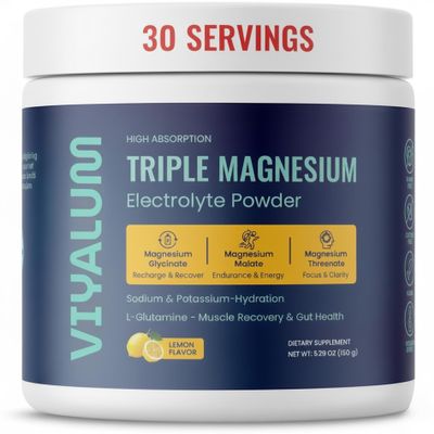 VIYALUM Triple Magnesium Electrolyte Powder | Magnesium Glycinate, Malate & Threonate | 250 mg High Absorption | Sodium & Potassium Hydration Mix with L-Glutamine | Zero Sugar | 30 Servings | Lemon